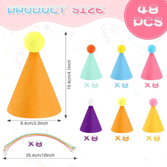 48 Pcs Mini Party Hats for Stuffed Animals, Birthday Party Cone Hats for Dolls Dog Cat Rabbit Puppies, Assorted Animal Birthday Decorations and Holiday Accessories