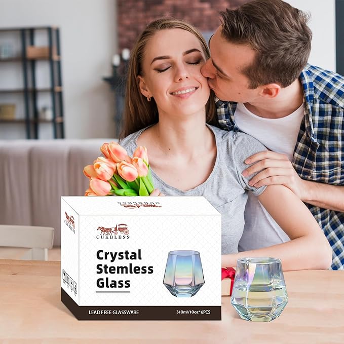 CUKBLESS Wine Glasses Set of 6 (10 Oz), Stemless Wine Glass for Red and White Wine, Iridescent Diamond Shaped Glassware for Whiskey, Cocktail, mixed wine, soft drink, and more