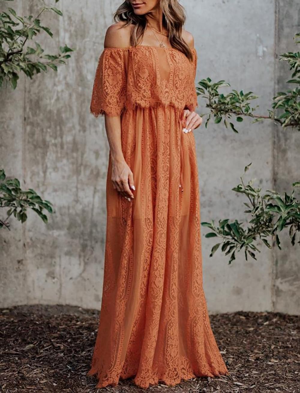 HOYISHION Women's Off The Shoulder Floral Lace Maxi Dress White Bridesmaid Wedding Party Maternity Photoshoot Long Dresses
