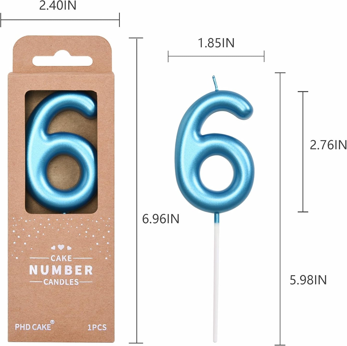 PHD Cake 2.76 inch Classical Blue 6 Number Birthday Candles, Party Celebration