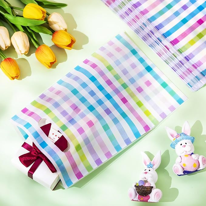 Epakh 100 Pcs Easter Checkered Gift Bags Bulk Plastic Goody Bags with Handles Pastel Rainbow Color Plaid Candy Gift Bag for Easter Baby Shower Spring Birthday Ice Cream Party Supplies