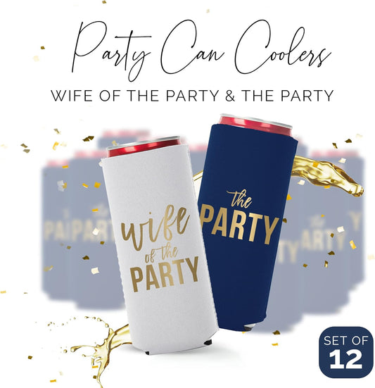 Wife of the Party and The Party Bachelorette Can Coolers - Set of 12, Perfect for Decorations and Bridesmaid Gifts (Navy, Slim)
