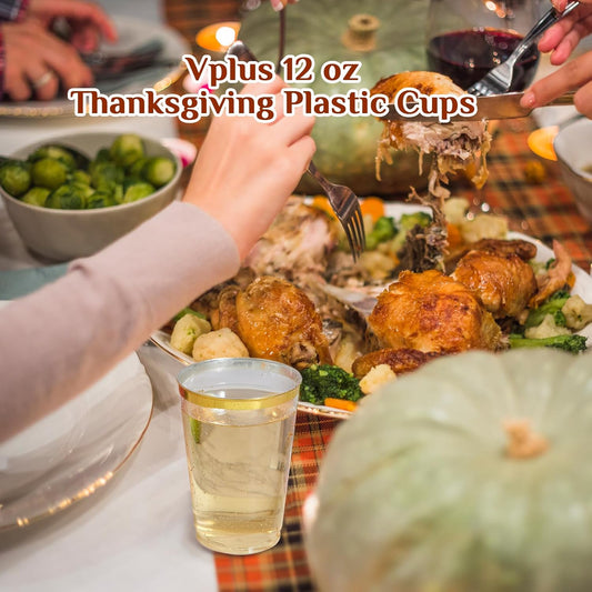 Vplus 150 Pack 12 OZ Reusable Gold Rimmed Clear Plastic Cups, Disposable Heavy Duty Plastic Cups Perfect for Party Christmas Wedding