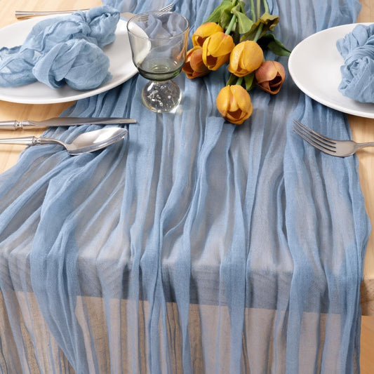 MLMC 8 Pack Dusty Blue Table Runner 10ft Boho Gauze Cheesecloth Table Runner 35x120 Inches Rustic Cheese Cloth Centerpiece for Fall Wedding Bridal Shower Baby Shower Party Decor