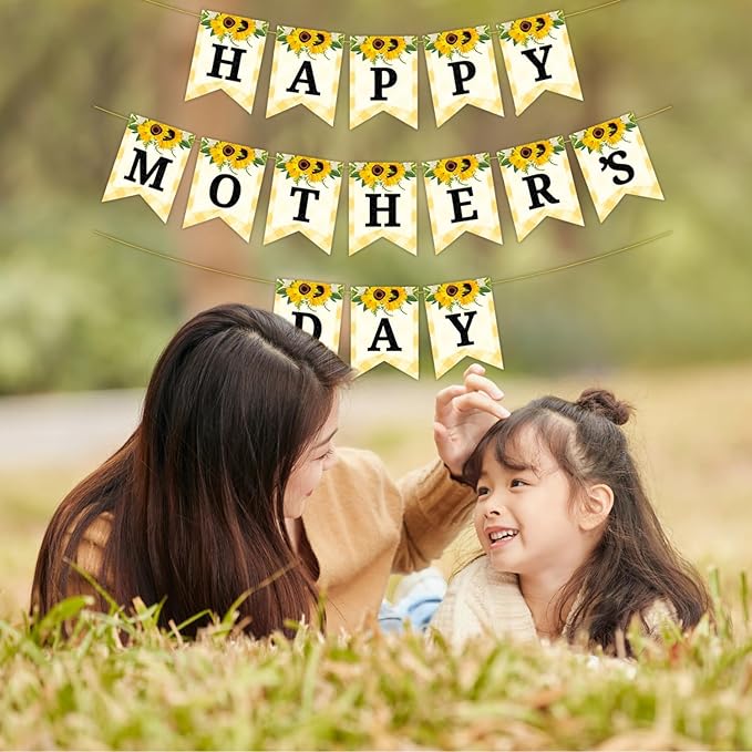 Happy Mother's Day Banner Set Decoration for Mother's Day Party Decorations Backdrop Garland for Mom Glitter Garland Photo Props (Yellow Sunflower)