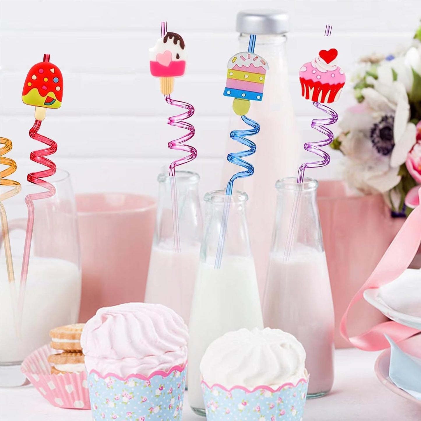 24 PCS Straws for Birthday Party Supplies Ice Cream Drinking Straws with 2 PCS Cleaning Brushes (Ice Cream)