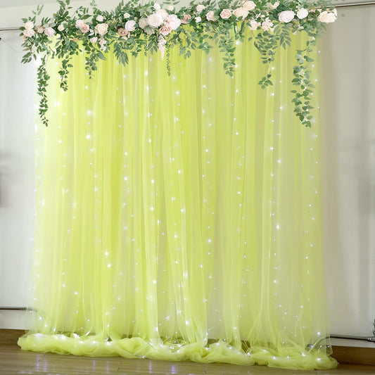 Yellow Sheer Tulle Backdrop Curtains with Lights String for Birthday Party Photoshoot 2 Panels 5×10ft Yellow Backdrop Curtains for Baby Shower Wedding Background Decorations
