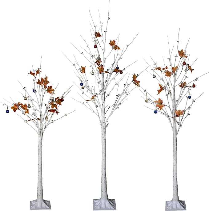 AWQM Lighted Birch Tree for Christmas Decor, Pack of 3 Prelit Christmas Tree 4ft 5ft 6ft, Warm White Christmas Tree for Indoor Christmas Decorations. (White)