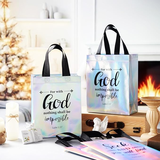 HunnmingRe 24 Pcs Religious Gift Bags Bulk, Non Woven Christian Bible Verse Gift Bags with Handle, Reusable Religious Iridescent Tote Bag for Easter Baptism Catholic Party Favors Gifts Wrapping