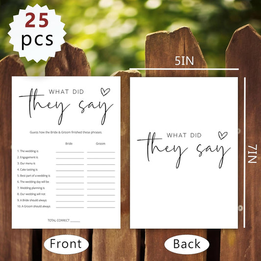 Bridal Shower Games, What Did They Say, 25Pcs Minimalist White Double-Sided Bridal Game Cards, Wedding Shower Games for Guests, Engagement Bachelorette Party Supplies - A24
