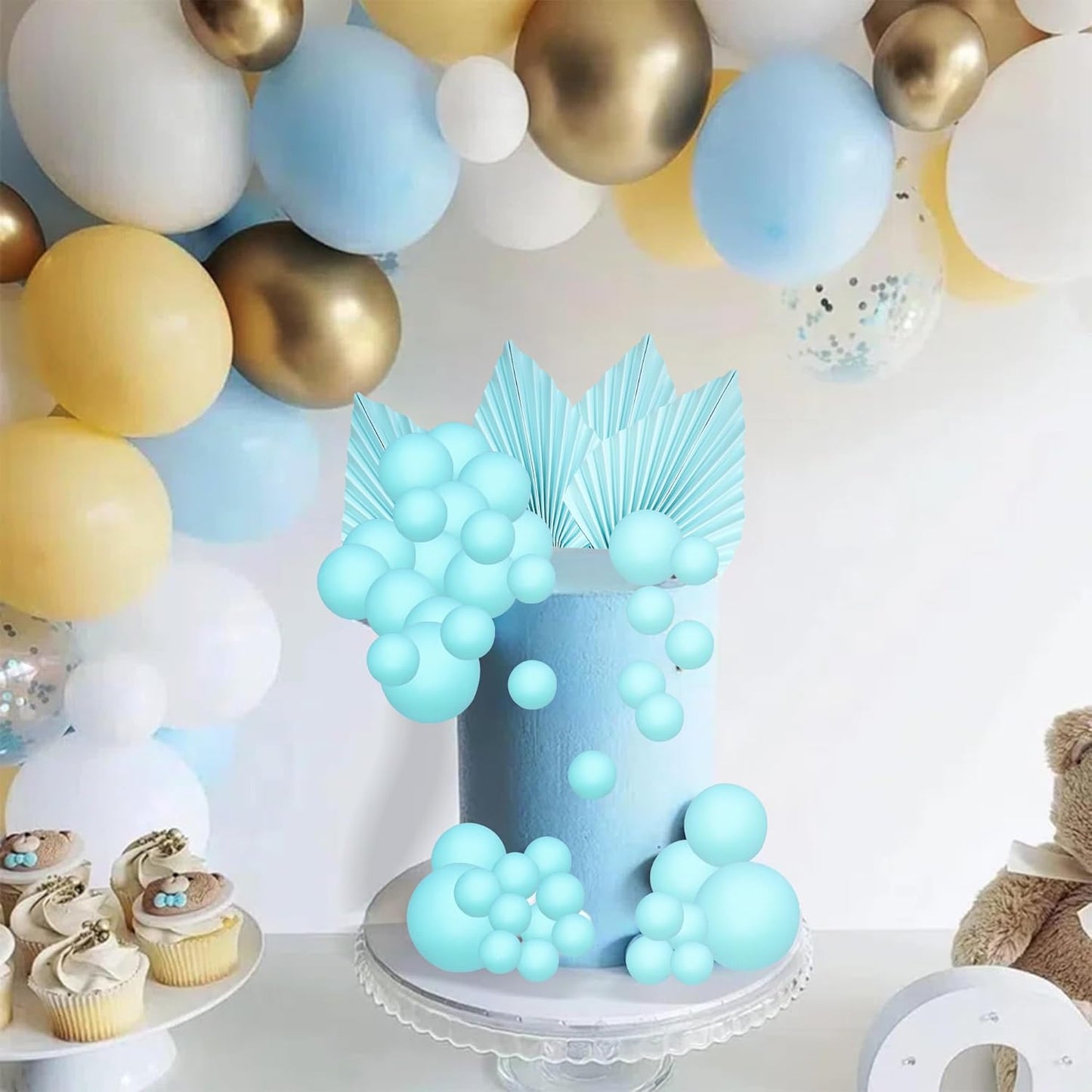 Ephlyn 28Pcs Paper Palm Fan Cake Topper Balls Cake Pick for Baby Shower Wedding Bridal Shower Birthday Anniversary Party DIY Cake Decorations Supplies Light Blue