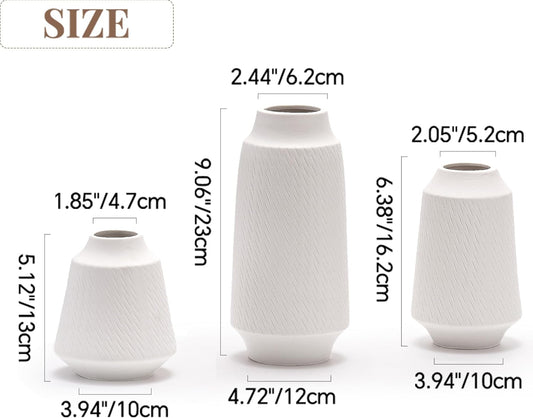 White Ceramic Vase Set of 3, Wide Mouth Small Flower 9” Tall Vase Modern for Home Decor Table Centerpiece Farmhouse Decorative Christmas