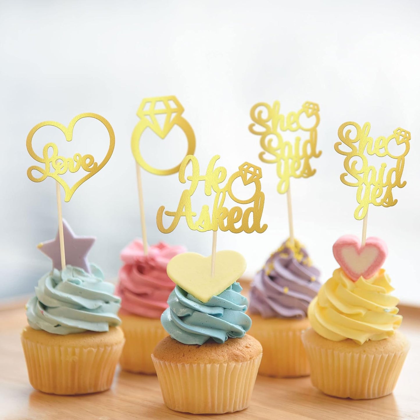 Gyufise 24 Pack Light Gold Glitter He Asked She Said Yes Cupcake Toppers Diamond Ring Heart Love Cake Picks for Wedding Engagement Party Cake Decorations
