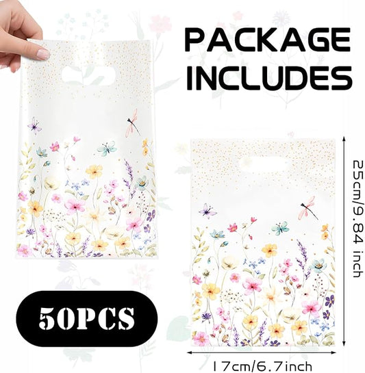 Infankey 50 PCS Wildflower Gift Bags Plastic Spring Floral Goodie Goody Treat Snack Candy Bags for Baby Shower Bridal Shower Birthday Wedding Party