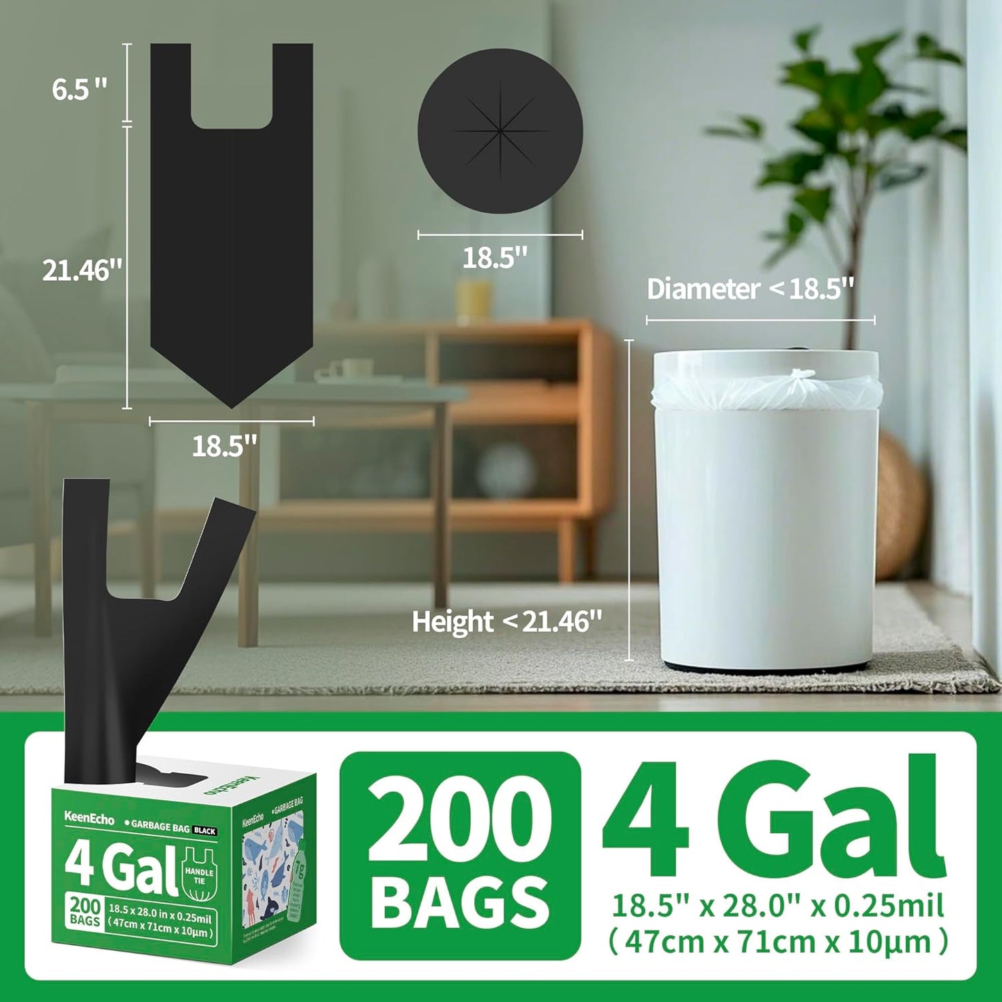 Small Trash Bags with Handles 4 Gallon 200 Count Black - Ocean Plastic Upcycling - Plastic Garbage Bags, Can Bin & Waste Basket Liner for Kitchen, Bathroom, Office and Pets