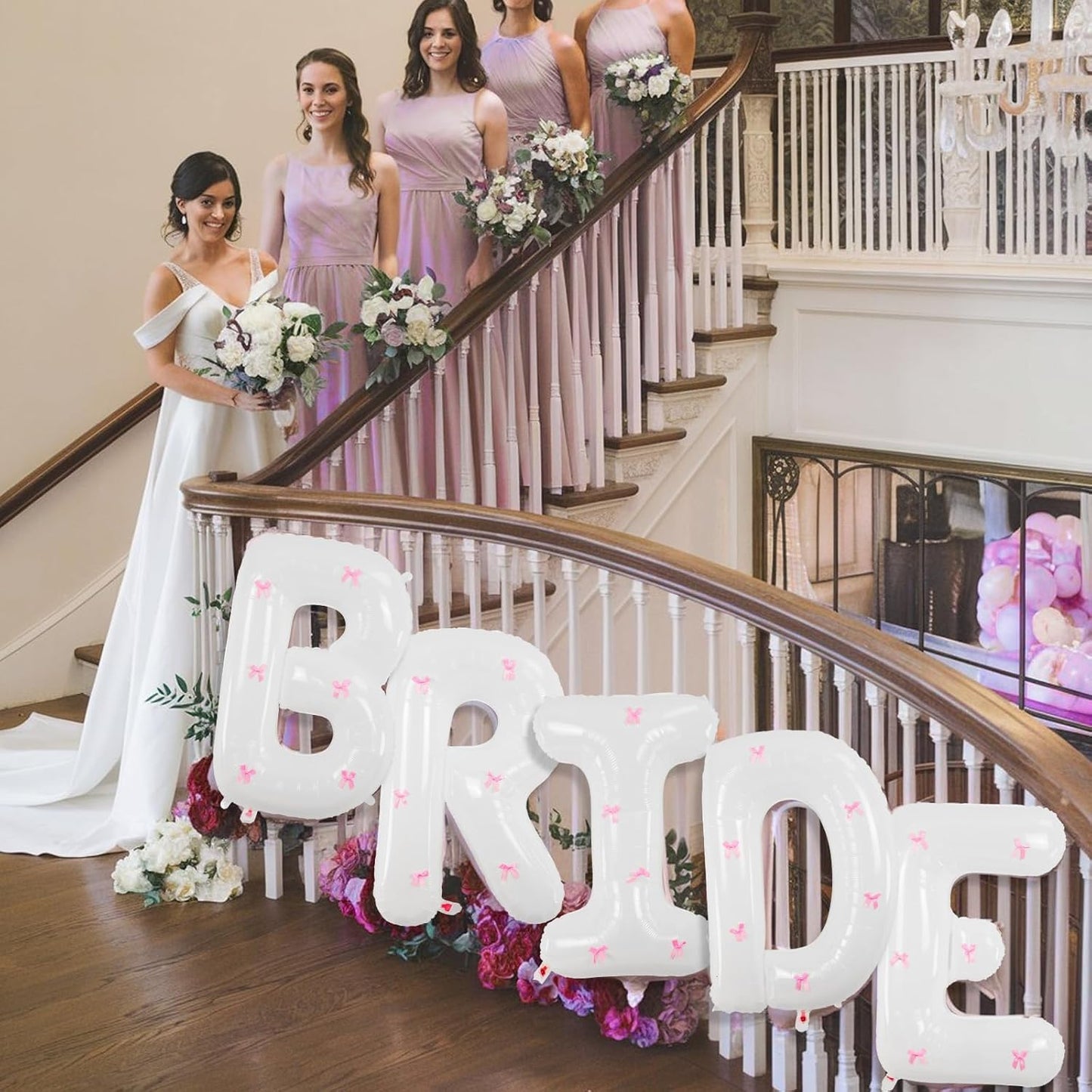 40Inch White BRIDE Balloon + Pink Bows for Bachelorette Party Decorations, Large BRIDE Mylar Foil Letter Balloons, Bride To Be Banner for Bridal Shower Photo Booth Engagement Wedding Hen Party Decor