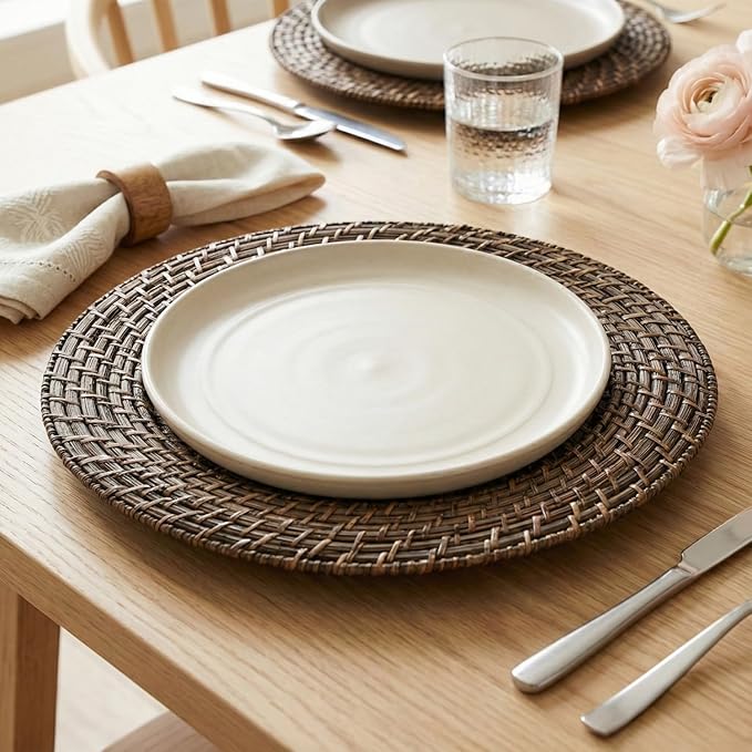 Jay Import Round Rattan Chargers Set of 4 Decorative Service Plates for Home, Professional Fine Dining Perfect for Events & Dinner Parties, Brick Brown, 13" " x 13" " x 0.5"