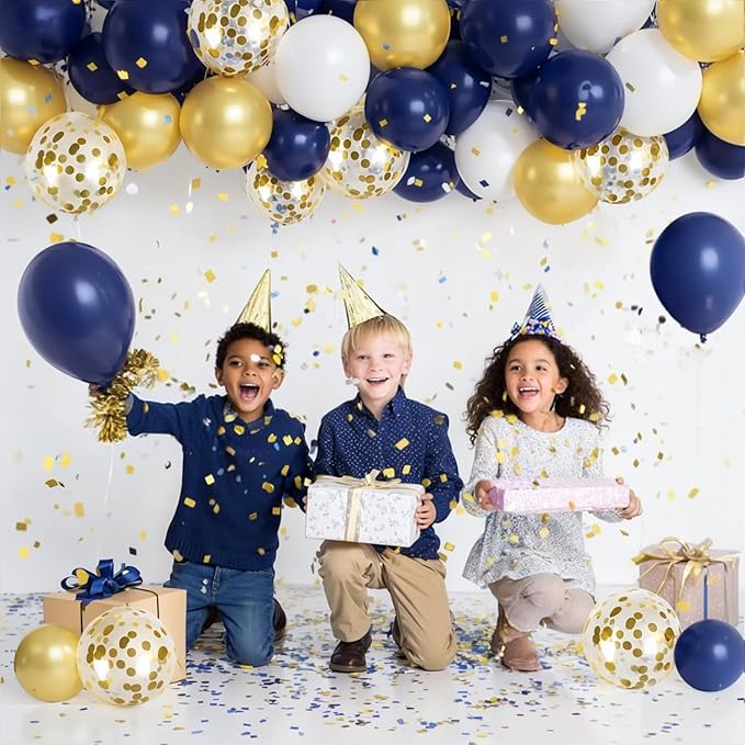 Zesliwy Navy Blue Gold Confetti Balloons Set,50pcs 12inch Royal Dark Blue Metallic Gold White Latex Balloons with Ribbon for Birthday Wedding Graduation Bridal Shower Party Decorations
