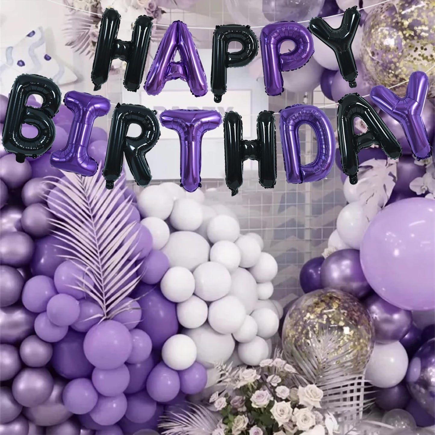 TONIFUL Happy Birthday Balloons Banner 16 Inch Mylar Foil Letters Birthday Sign Banner Bunting Reusable for Girls Boys Kids & Adults Birthday Decorations and Halloween Party Supplies(Black Purple)