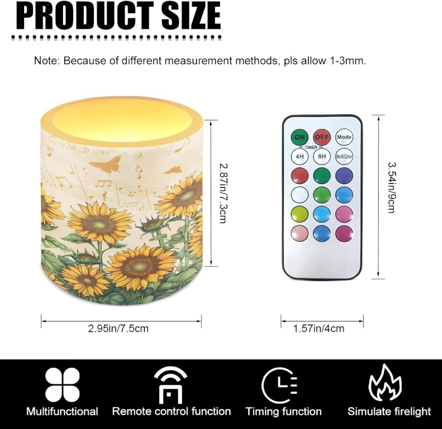 Poceacles Battery Operated LED Candles Set of 4 Remote and Timer Flameless Votive Candles, Multi-Color Flickering Tea Light for Home Parties Holidays Decor, Sunflower Butterfly Musical Note