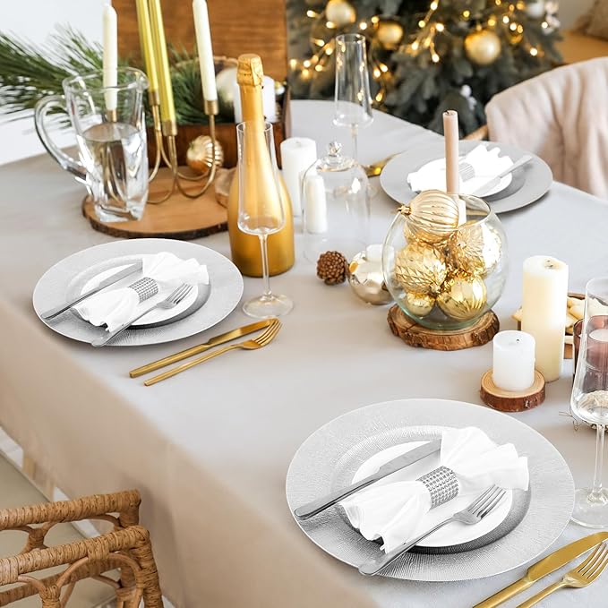 Tanlade 100 Pcs Silver Charger Plates Bulk, 13" Round Plastic Dinner Charger Plate, Shiny Silver Table Chargers Serving Plate Catering Tabletop for Thanksgiving Halloween Christmas Wedding Party Decor