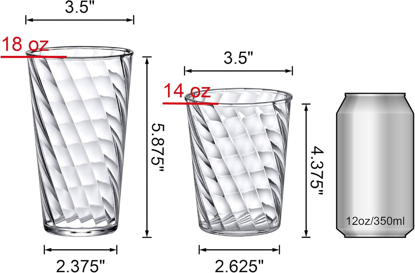 Amazing Abby Glacier Plastic Tumblers (Set of 12), 14-Ounce and 18-Ounce, All-Clear, Stackable, BPA-Free, Shatter-Proof, Dishwasher-Safe