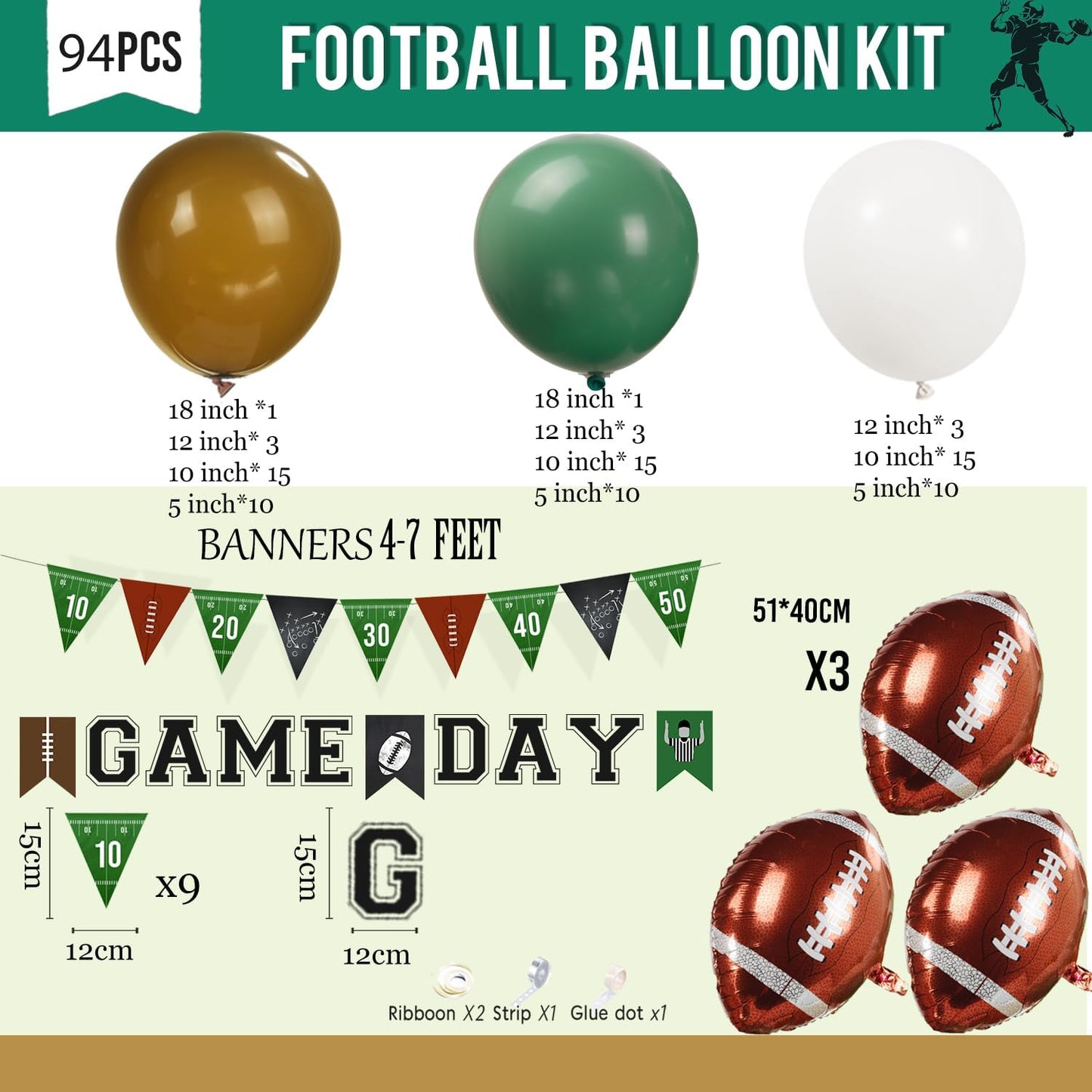 Football Balloon Garland Arch Kit Sage Green and Brown Balloons with Football Foil Balloon Game Day banner for Touch Down Rugby Super Bowl Sport Theme Party Decorations