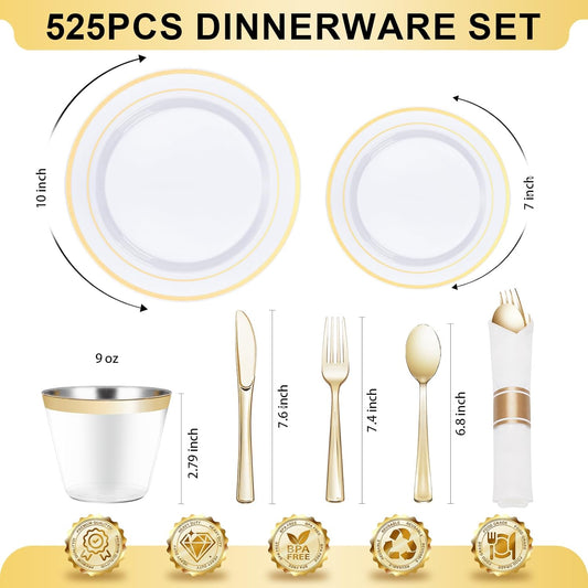 BESTVIP 450PCS Gold Dinnerware Set for 75 Guests, Plastic Plates for Party, 75 Gold Disposable Plates, 75 Dessert Plates, 75 Cups, 75 Spoons, 75 Forks and 75 Knives