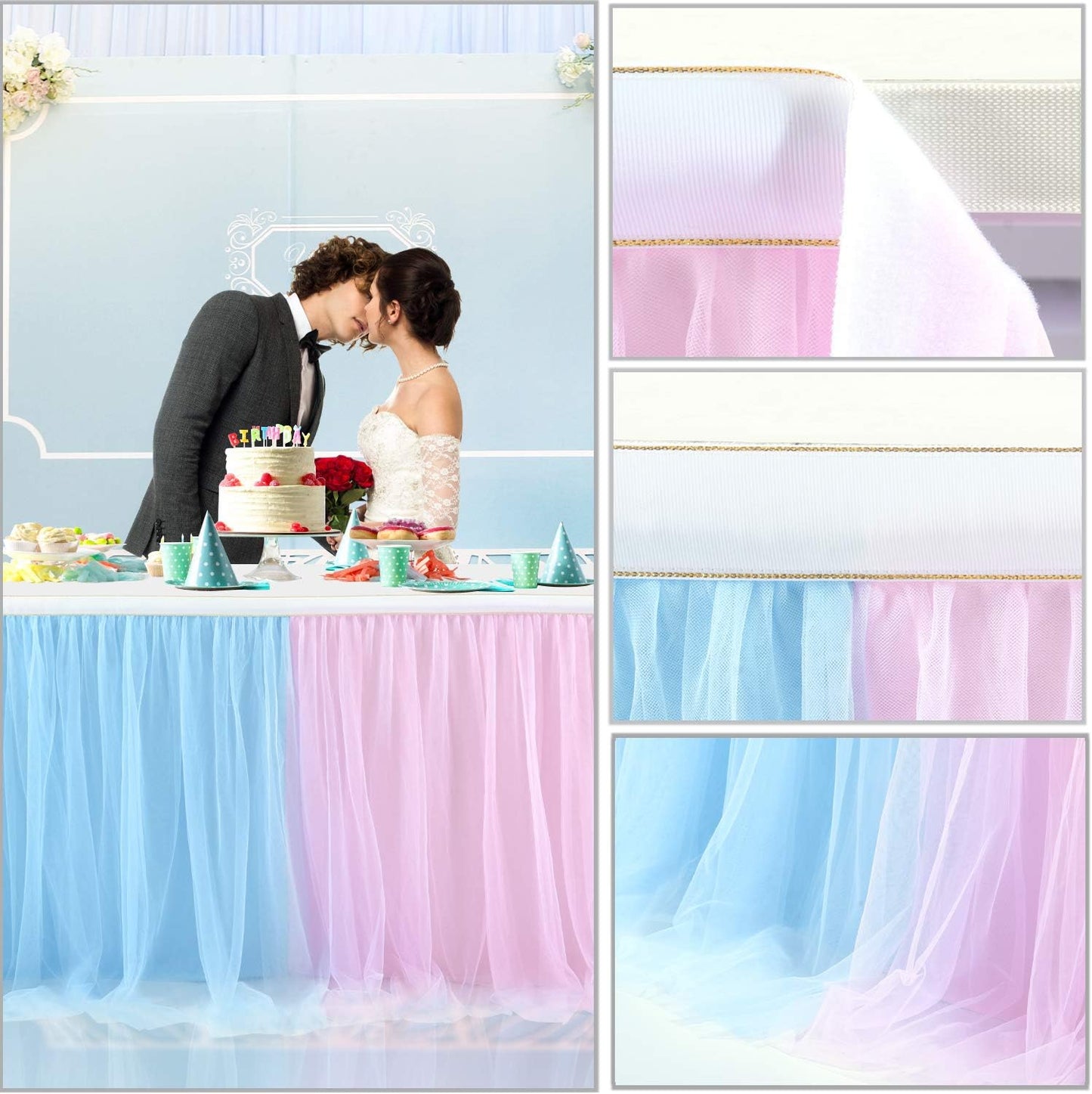 Suppromo 9ft Pink and Blue Gender Reveal Table Skirt Tulle Tutu Table Clothes Cover for Baby Shower Boy or Girl Birthday Party Wedding Cake Decorations