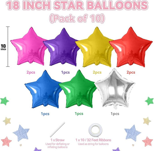 Biapian Colorful Star Foil Balloons, 10PCS Rainbow Foil Stars Shape Balloon, 18 Inch Multicolor Stars Balloons Aluminum for Helium for Kids Birthday, Baby Shower Wedding Colorful Party Decoration