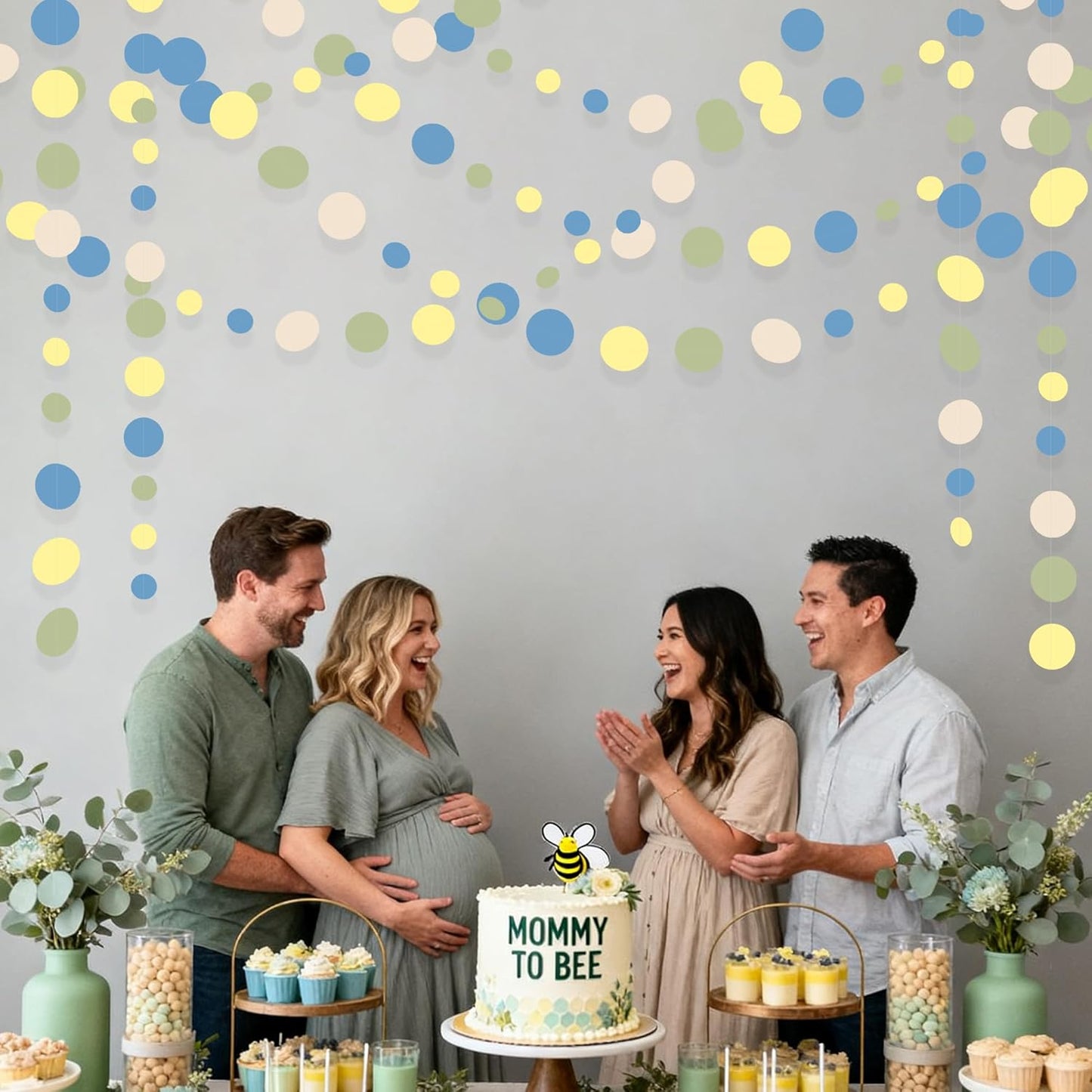 Sage Green Dusty Blue Yellow Beige Polka Dots Garlands Olive Green Macaron Yellow Dusty Blue Sand White Cream Nude Hanging Paper Circle Dots Streamer for Birthday Baby Shower Wedding Party Decorations