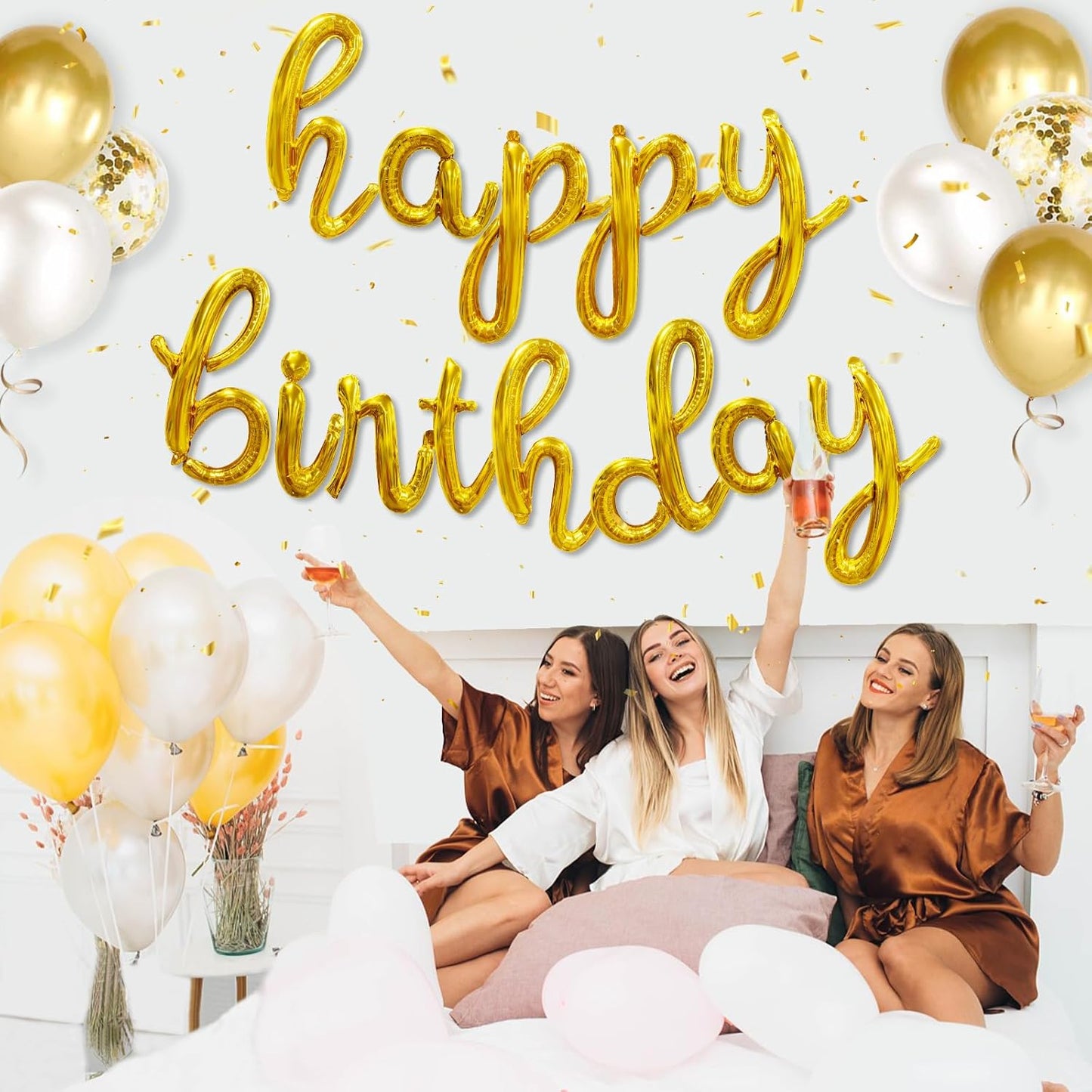 Gold Happy Birthday Balloons Banner, 25pcs Cursive Letters Balloons Sign with Latex Balloons, Foil Mylar Happy Birthday Banner, Golden Happy Birthday Party Decorations for Women Men Birthday Decor