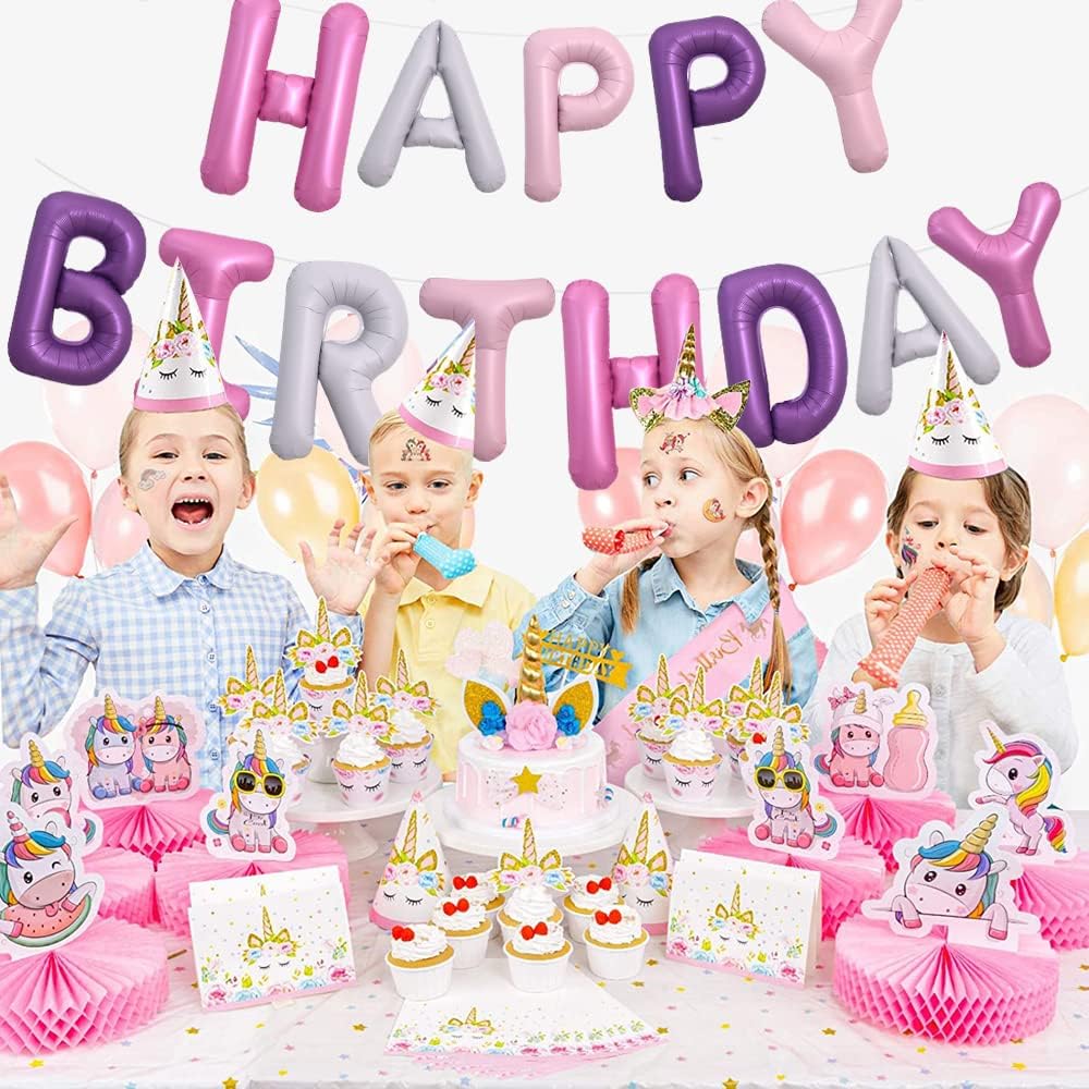 TONIFUL Happy Birthday Balloons Banner with Ribbon Straw, 16 Inch Mylar Foil Letters Birthday Sign Banner Balloon Bunting Reusable for Girls Boys Kids & Adults Birthday Supplies(Pink Purple)