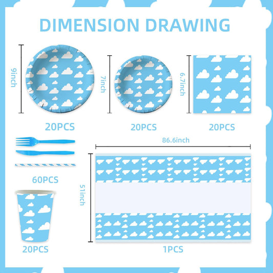 141pcs Blue Sky White Clouds Party Decorations,Cartoon Story Party Disposable Tableware Includes Dinner Paper Napkin Cup Knife Fork Straws Tablecloth Toy Inspired Story Supplies set