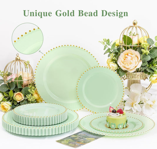supernal 100pcs Green Plastic Plates for Party Heavy Duty Disposable Plates With Gold Beads Sage Green Plastic Plate for Wedding Birthday Bridal Shower Halloween Christmas and Thanksgiving