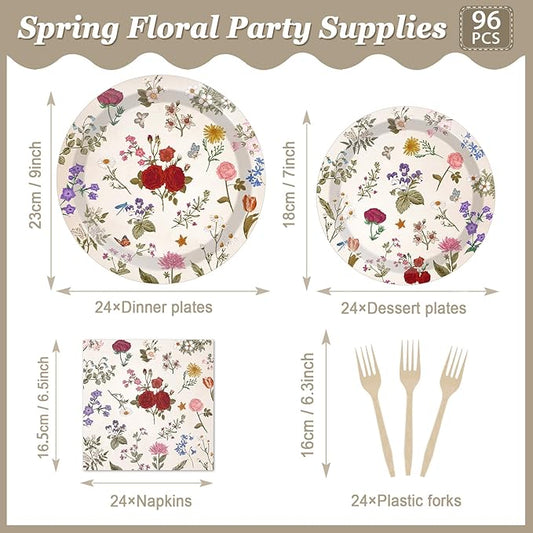 OBUSATT 96Pcs Wild Floral Party Supplies Wild Floral Paper Plates Napkins Spring themd Flowers Party Decorations Tea Dinnerware Favor Birthday Wedding Bridal Shower Baby Shower Tableware Serves 24