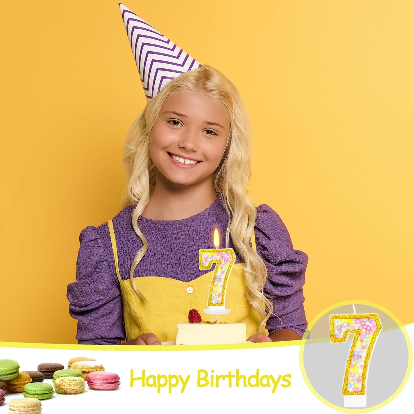 7th Birthday Candle for Cake, Colorful Macaron Numeral Candles for Girls/Boys, Sponge Birthday Party Cake Decorations, Golden Cake Topper(Number 7)
