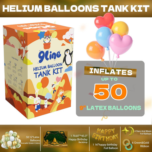 Helium Tank For Balloons At Home,13L Helium Balloon Pump Kit With 50 12-Inch Avocado Green Latex Balloons, 17 Foil Balloons, 1 5.9X3.6Ft Backdrop, 8 Accessory Tools
