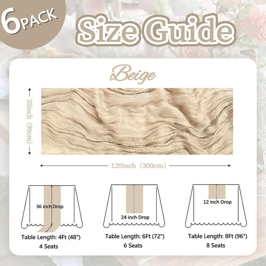 6 Pack Beige Cheesecloth Fall Table Runner 10ft Boho Gauze Fabric Cheese Cloth Table Runner 35 x 120 Inch Rustic Sheer Runner for Thanksgiving Wedding Decor Baby Shower Party Centerpiece Decoration