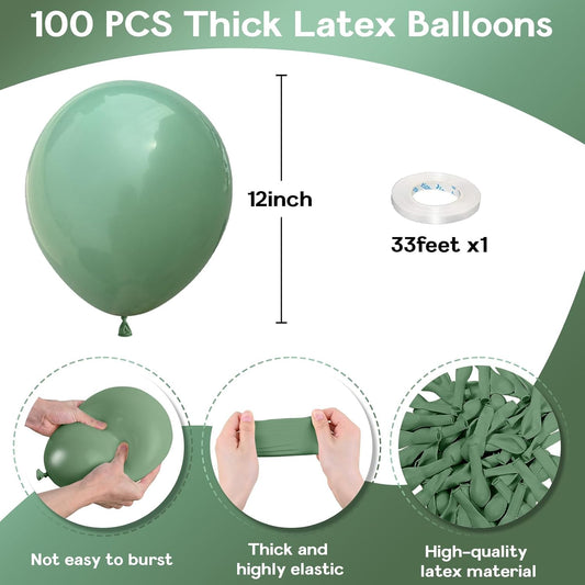 Sage Green Balloons 12 Inch, 100 Pack Eucalyptus Olive Vintage Green Balloon Matte Dusty Green Dark Avocado Green Helium Latex Balloons for Birthday Boho Baby Shower Wedding Party Decorations