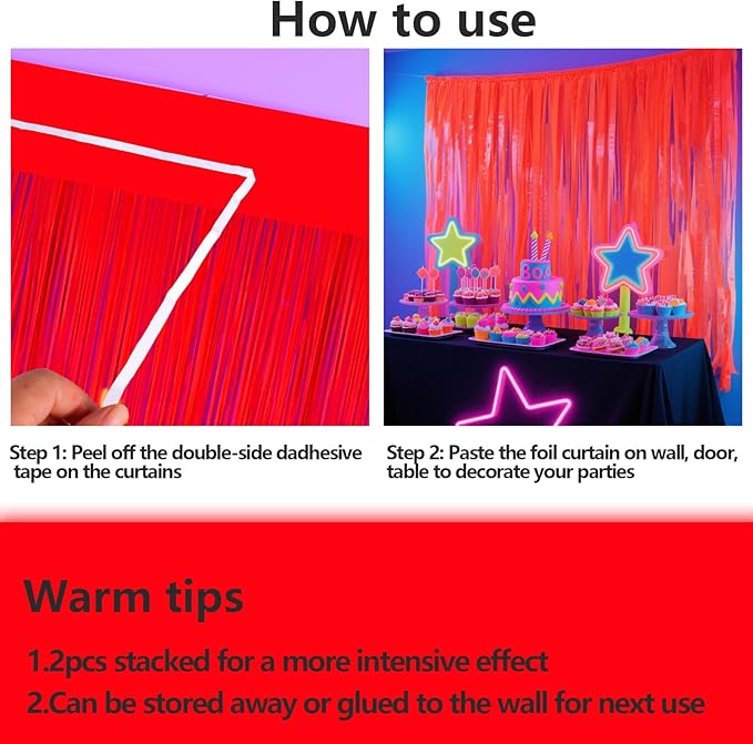 4 Packs Glow in The Dark Foil Fringe Curtain, Macaron Orange Blacklight Reactive Fluorescent Tinsel Backdrop Neon Luminous Streamers for Birthday, Wedding, Neon Party, Glow Party Decorations Supplies