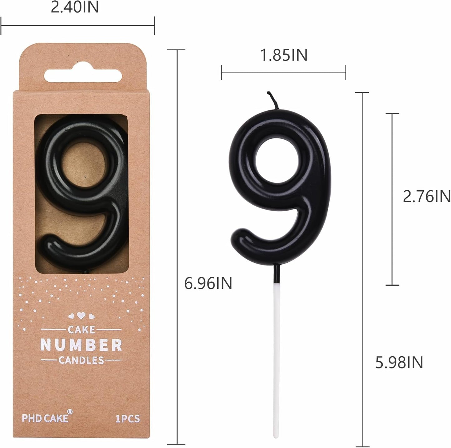 PHD Cake 2.76 inch Classical Black 9 Number Birthday Candles for Party Celebration