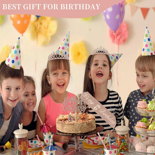 Rose Gold 6th Birthday Decoration Set for Girls – Sash, Crown, Cake Topper & Number Candle