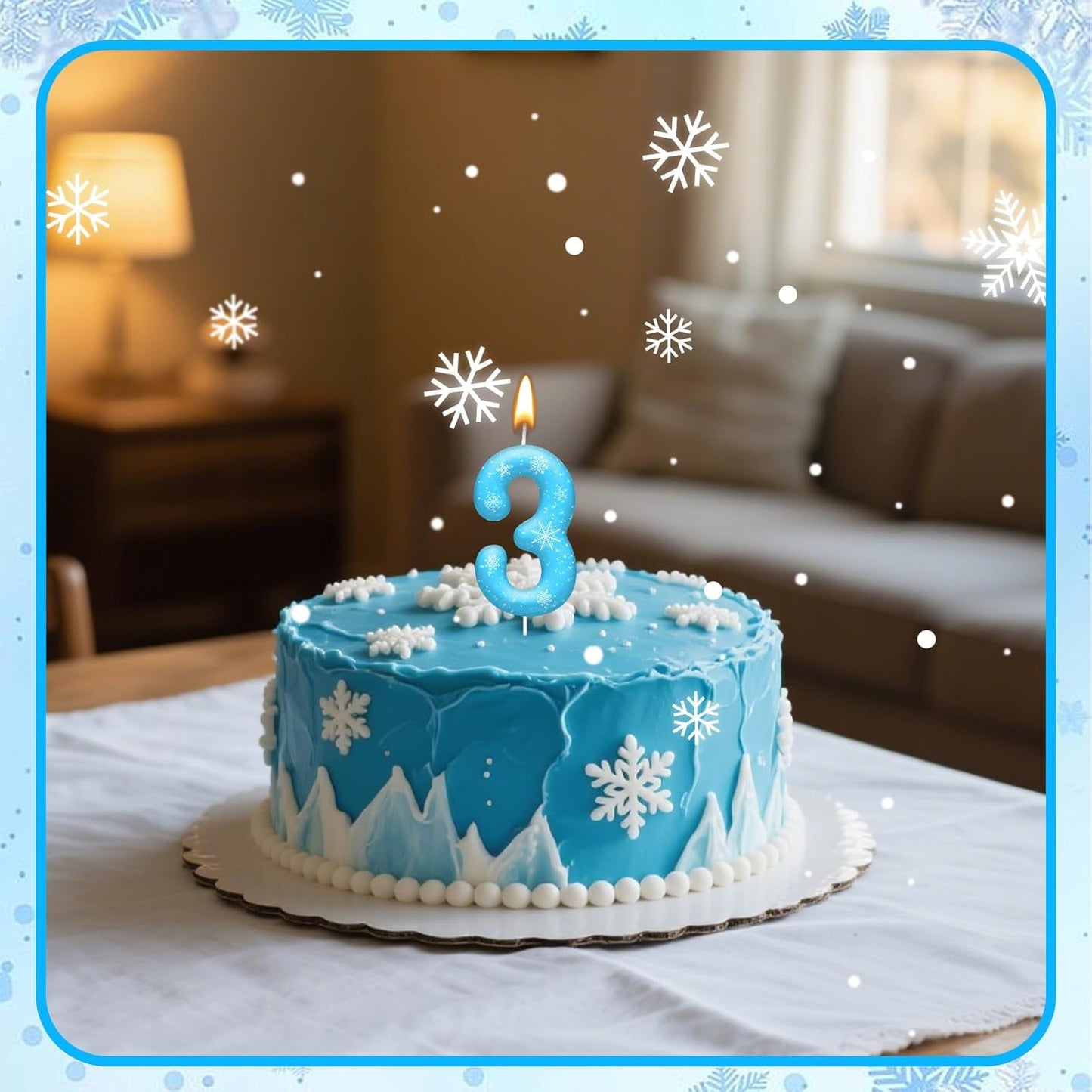 White and Blue Frozen Themed Party Birthday Candles - Blue Number Candles Snowflake Themed Party Decorations, Girls Party Supplies(Number 3)