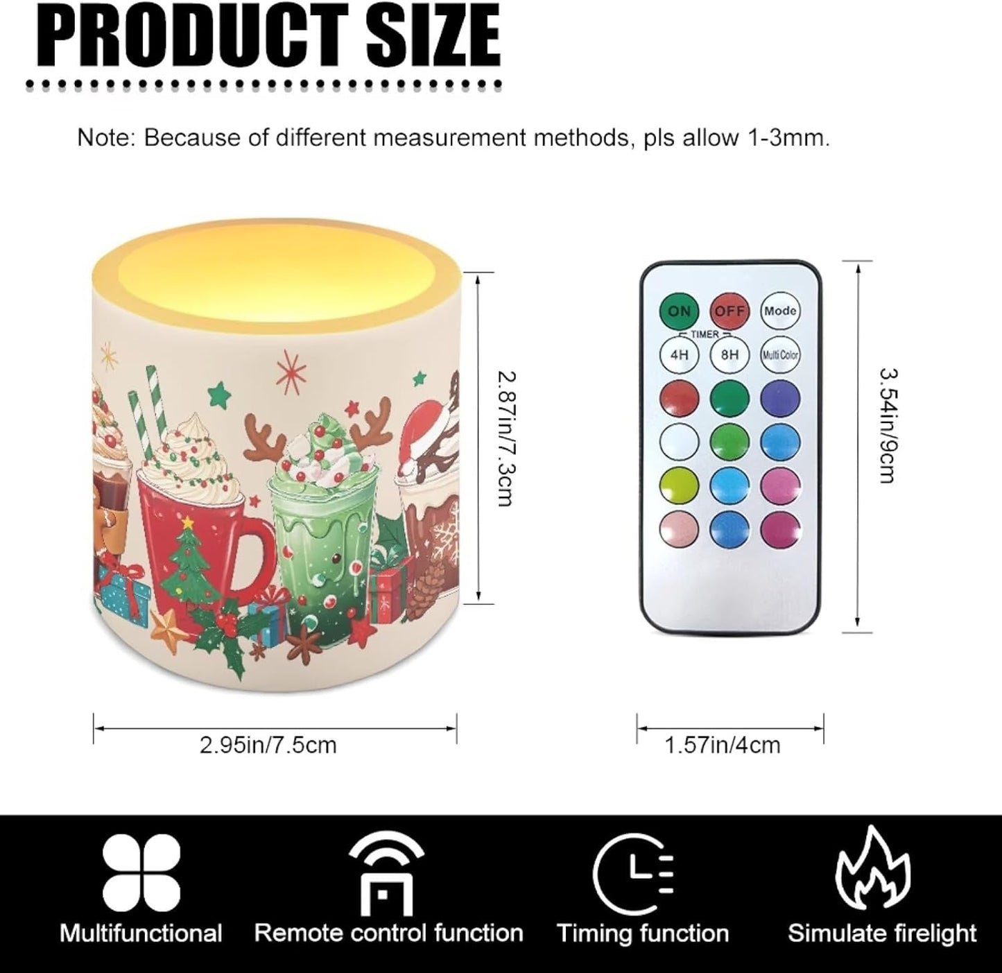 Poceacles Remote Control LED Candles Set of 4 Battery Powered Flameless Candles with Multi-Color Lighting Options, Timer Function, for Christmas Decor, Christmas Beverage Latte Coffee Pattern