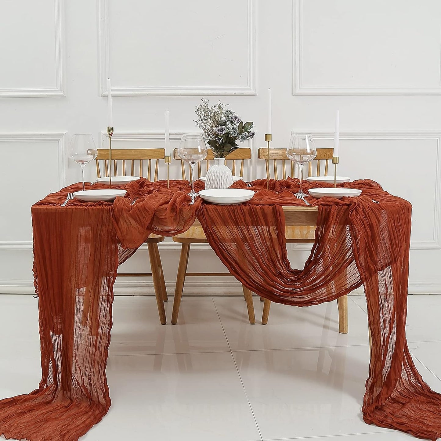 DOLOPL Thanksgiving Table Runner Fall Cheesecloth Table Runner 13.3ft for Thanksgiving Decorations, Rust Gauze Cheese Cloth Runner 160inch Long for Wedding Bridal Baby Shower Table Decorations