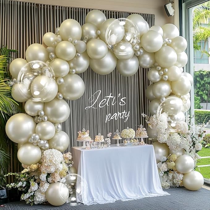 Pearl Balloon Arch - Double Stuffed Pearl Gold Balloon Garland Kit Beige Cream Balloons Different Sizes 12/10/5in With Clear Bobo Balloons For Birthday Wedding Bridal Baby Shower Baptism Party Decor