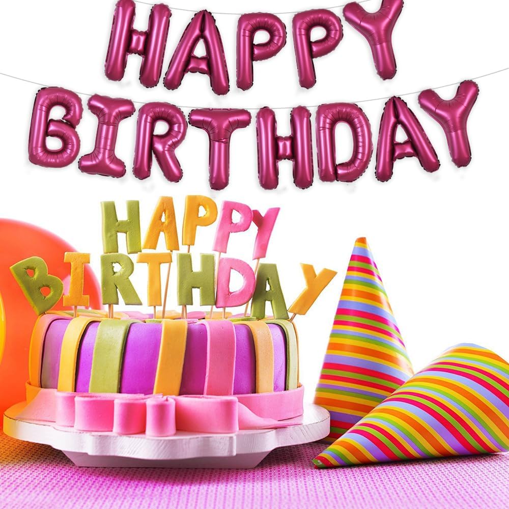 TONIFUL Happy Birthday Balloons Banner with Ribbon Straw,16 Inch Mylar Letters Birthday Sign Banner Balloon Bunting Reusable for Kids & Adults Construction Birthday Party Supplies(Wine Red)