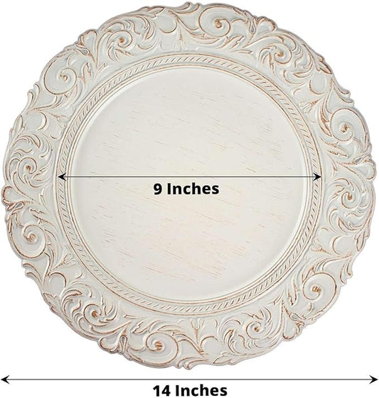 Efavormart 12-Pack Acrylic Charger Plates 14" Round Antique White Gold with Engraved Baroque Rim - Vintage Disposable Decorative Chargers