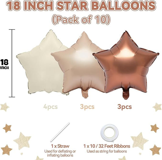 Brown Apricot Star Foil Balloons, 10PCS Foil Stars Shape Balloon, 18 Inch Coffee Cream Beige Star Balloons Helium for Birthday, Engagement, Baby Shower, Wedding, Nude Neutral Party Decoration